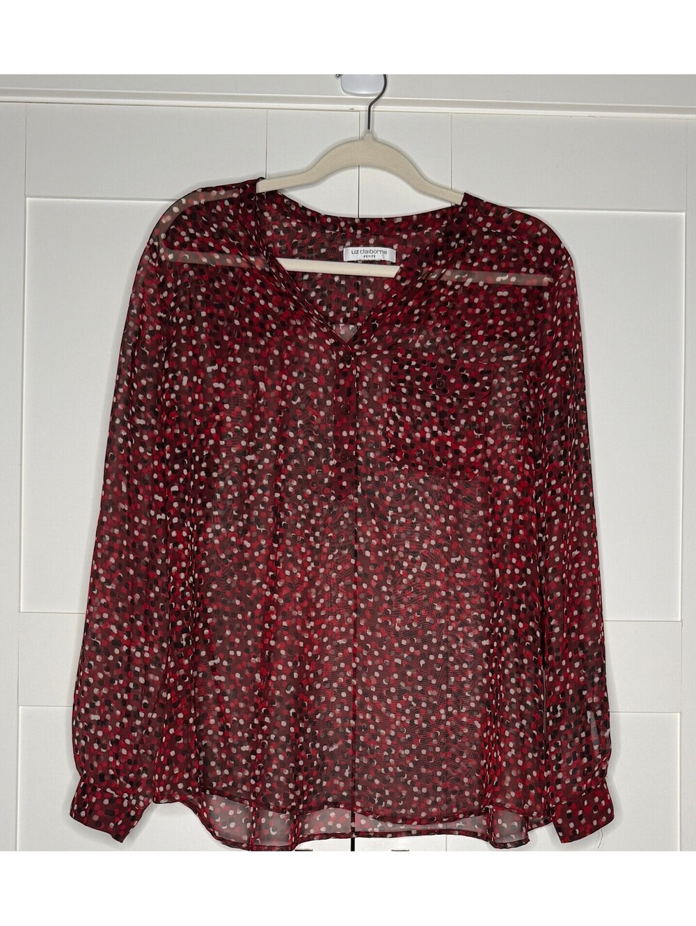 Liz Claiborne Petite Sheer Burgundy Black White Abstract Polka Dot Size Unknown